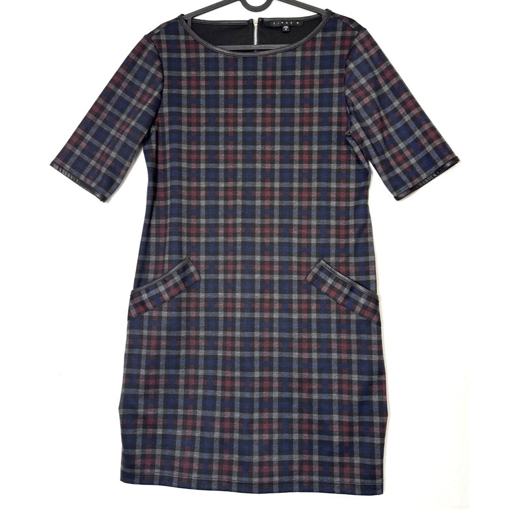 Tiana B Black Plaid Shift Dress Faux Leather Trim Sz 6 Dark Academia Preppy 90s